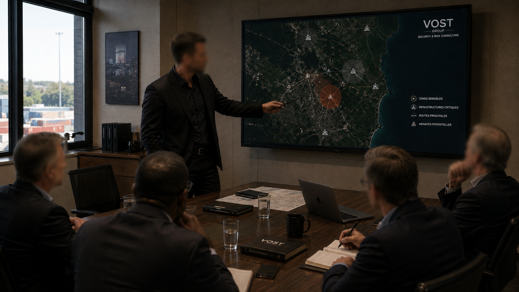 Security consultant presenting a risk assessment on a large screen to executives