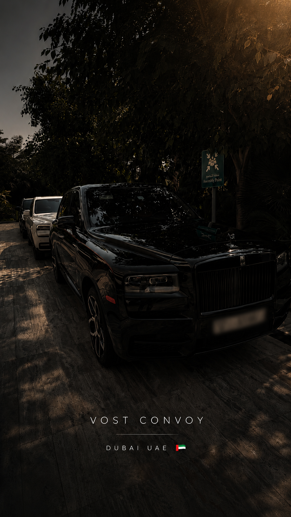Black luxury vehicles waiting at a private assembly point at dusk