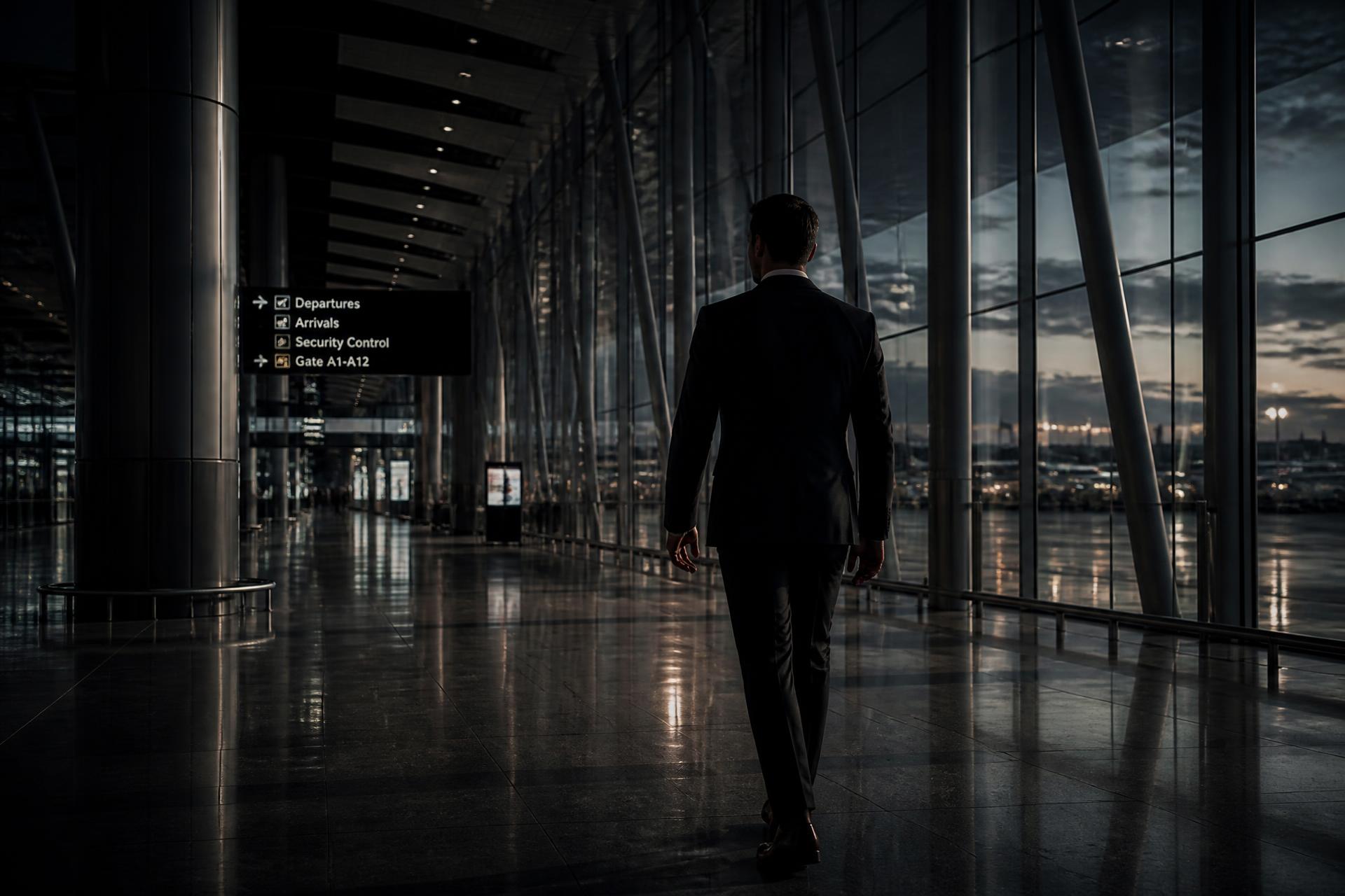 A security professional walking through an international airport terminal at dusk
