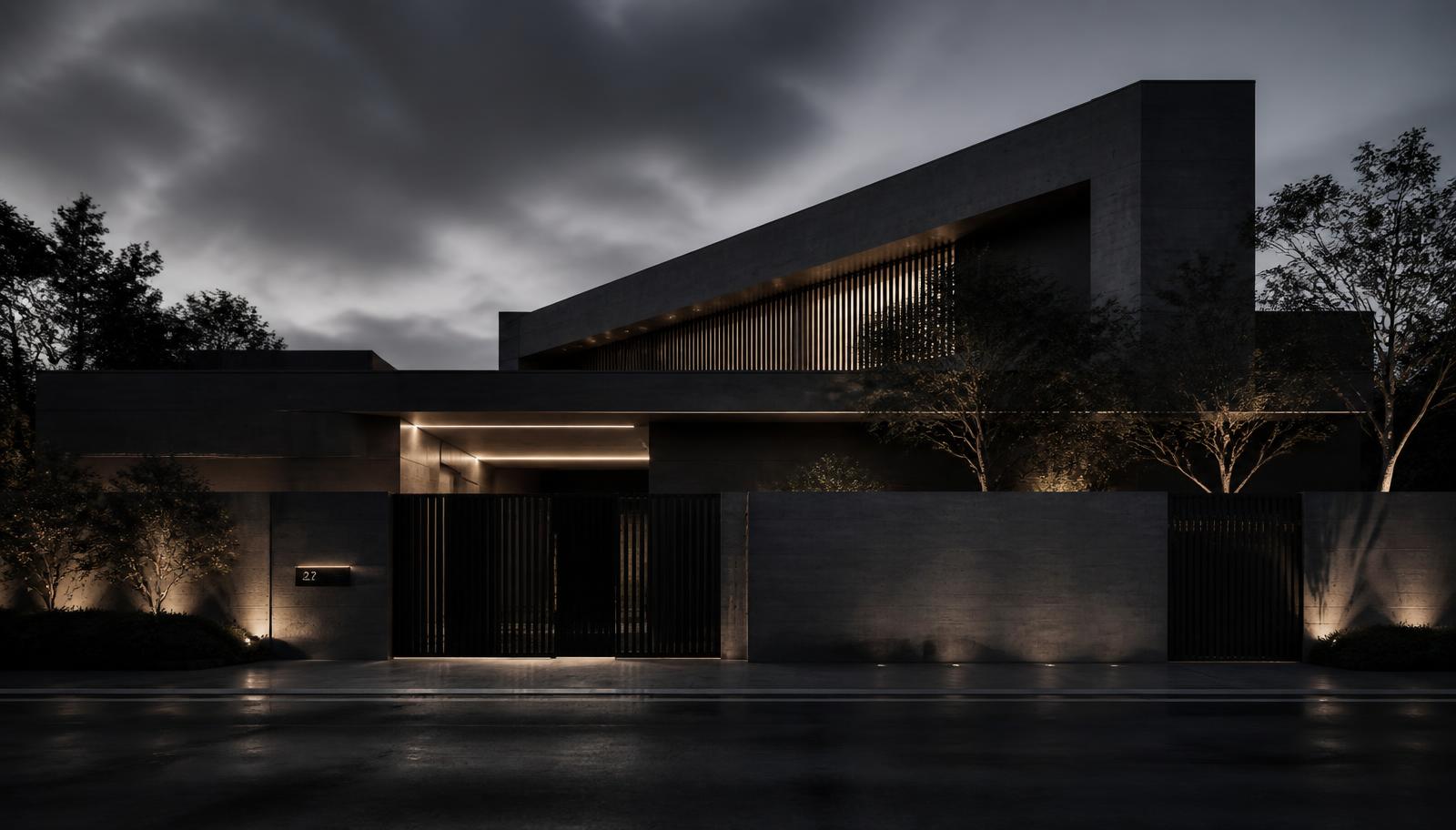 Modern minimalist villa at dusk with a gated boundary and discreet perimeter lighting