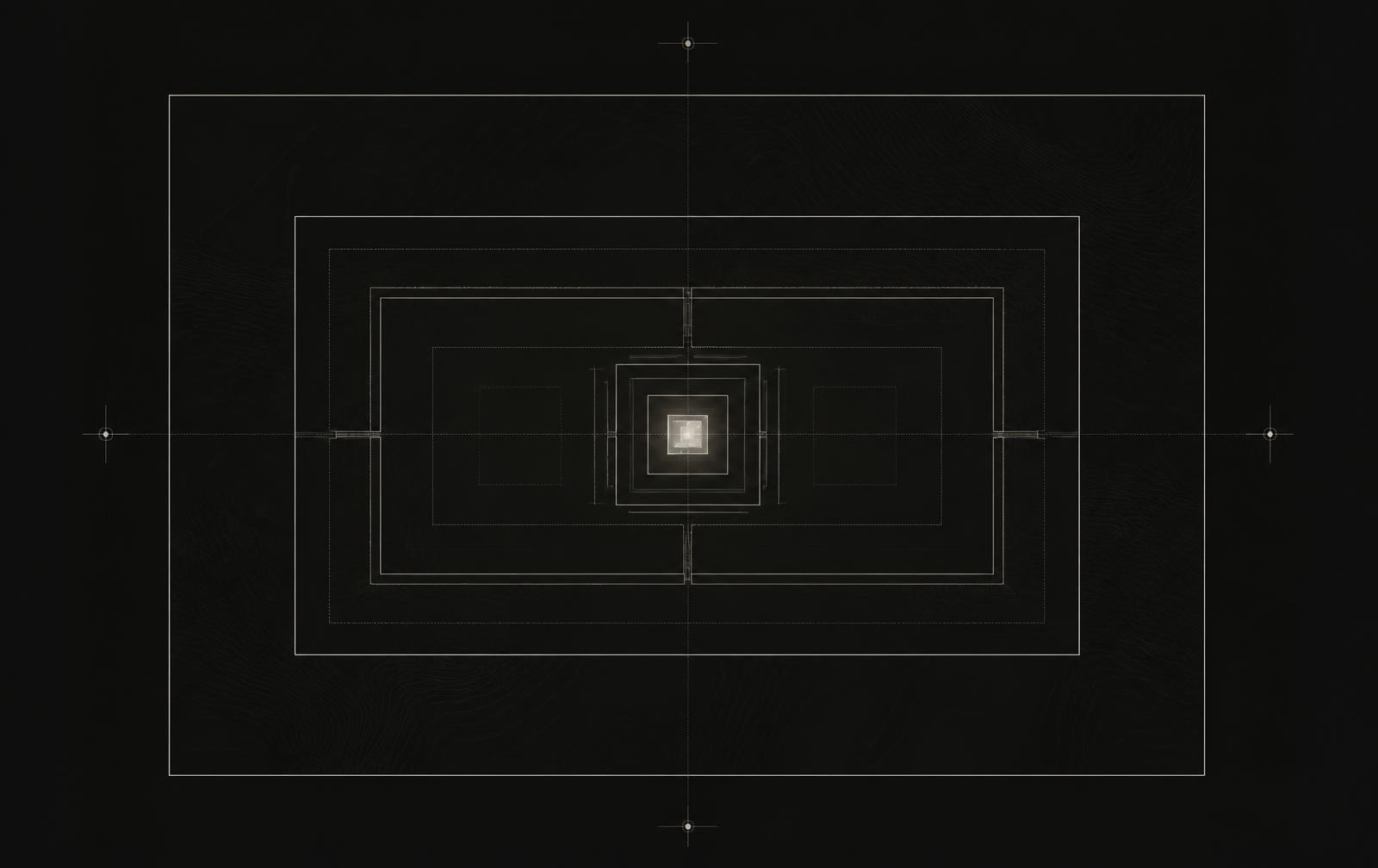 Abstract diagram of nested residential security perimeters around an illuminated core