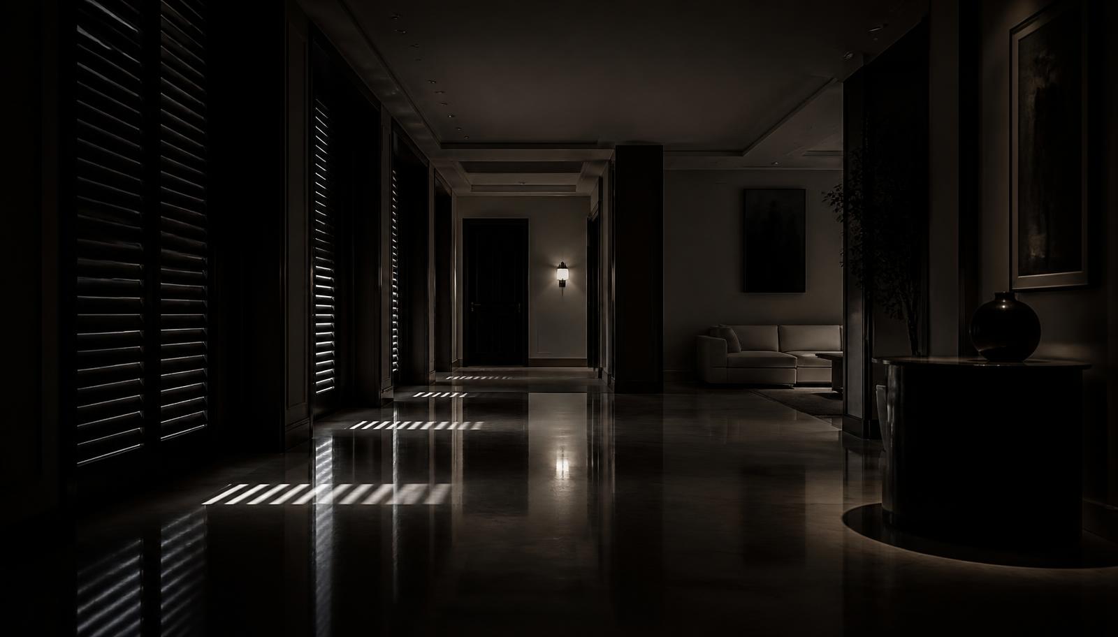 Empty luxury residence interior at night with closed shutters casting light slats