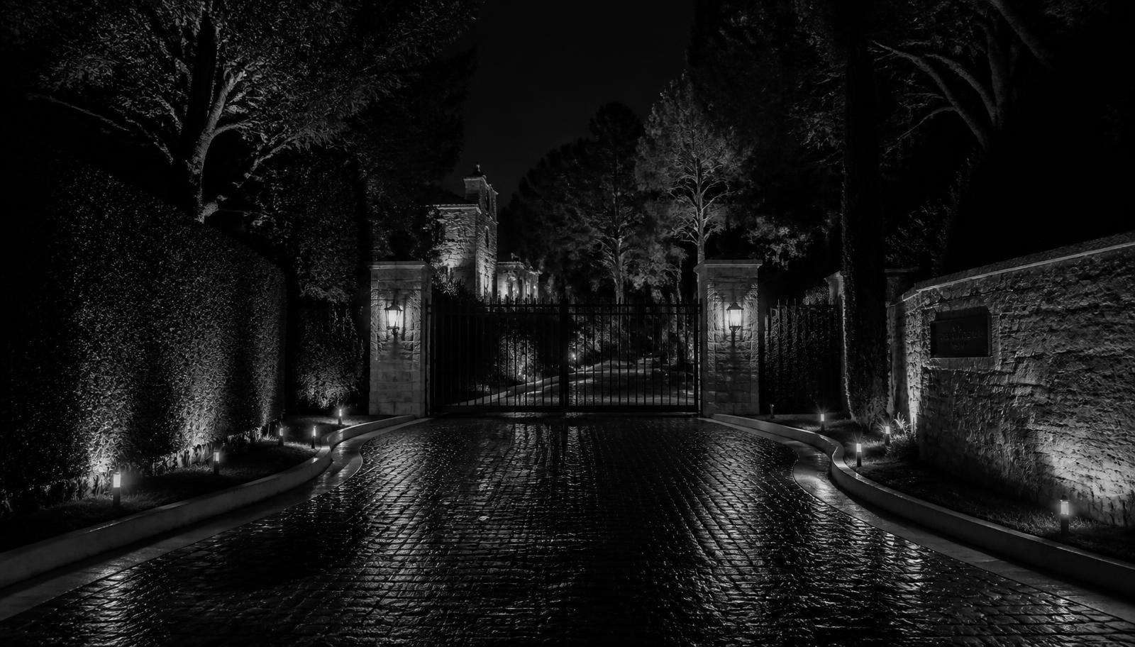 Discreetly lit private estate gate and driveway at night