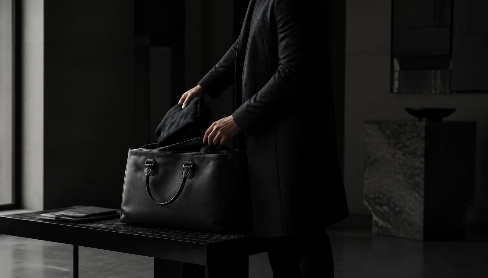 Traveller preparing a discreet bag in a dark minimalist interior before an international departure