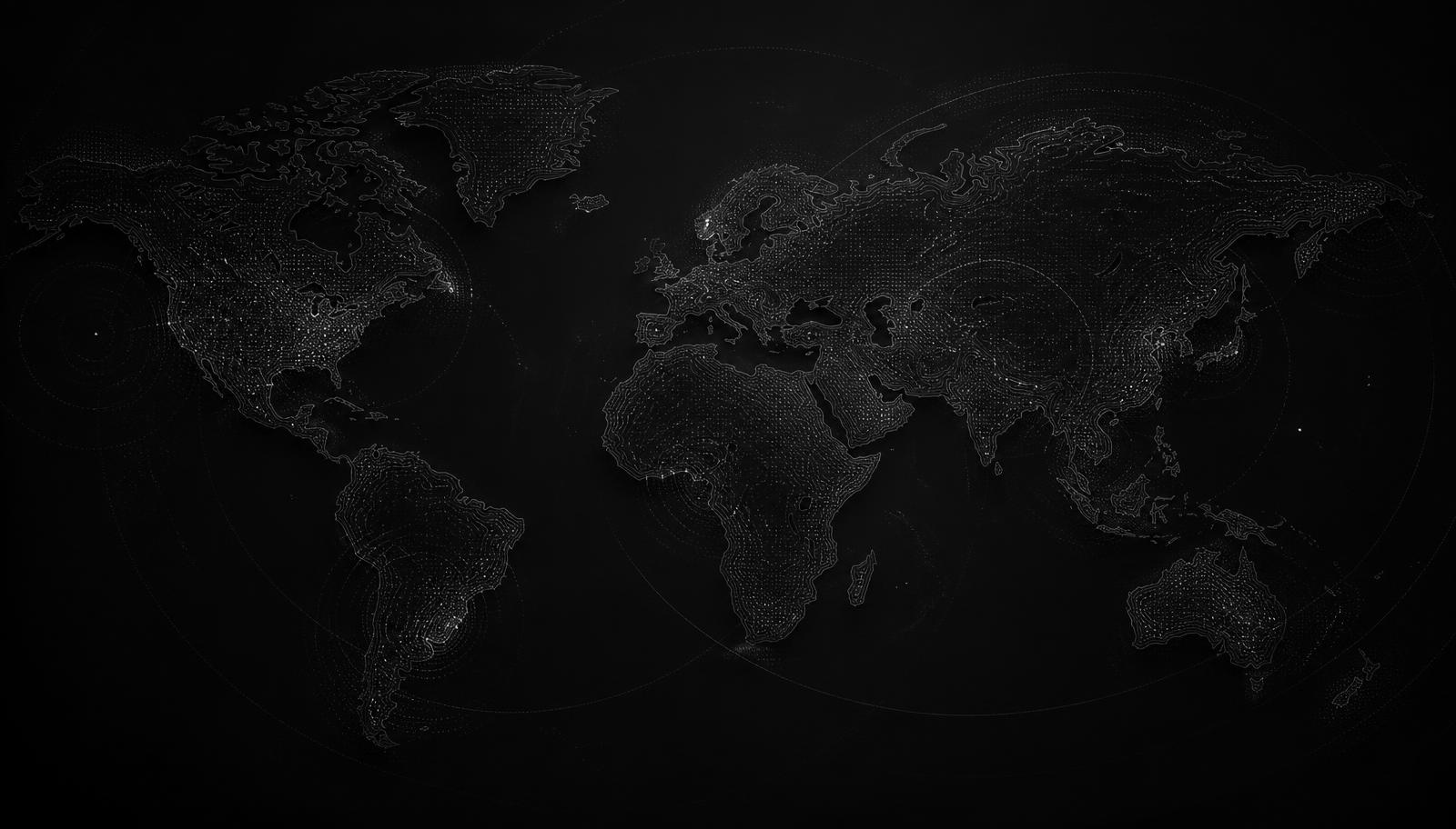 Minimal dark world map with subtle destination information layers