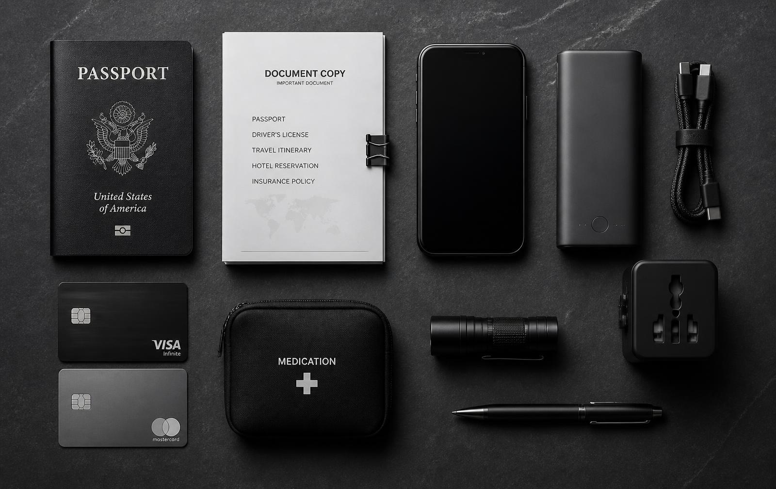Editorial flat lay of travel security essentials: documents, phone, power bank, cards, medication, flashlight