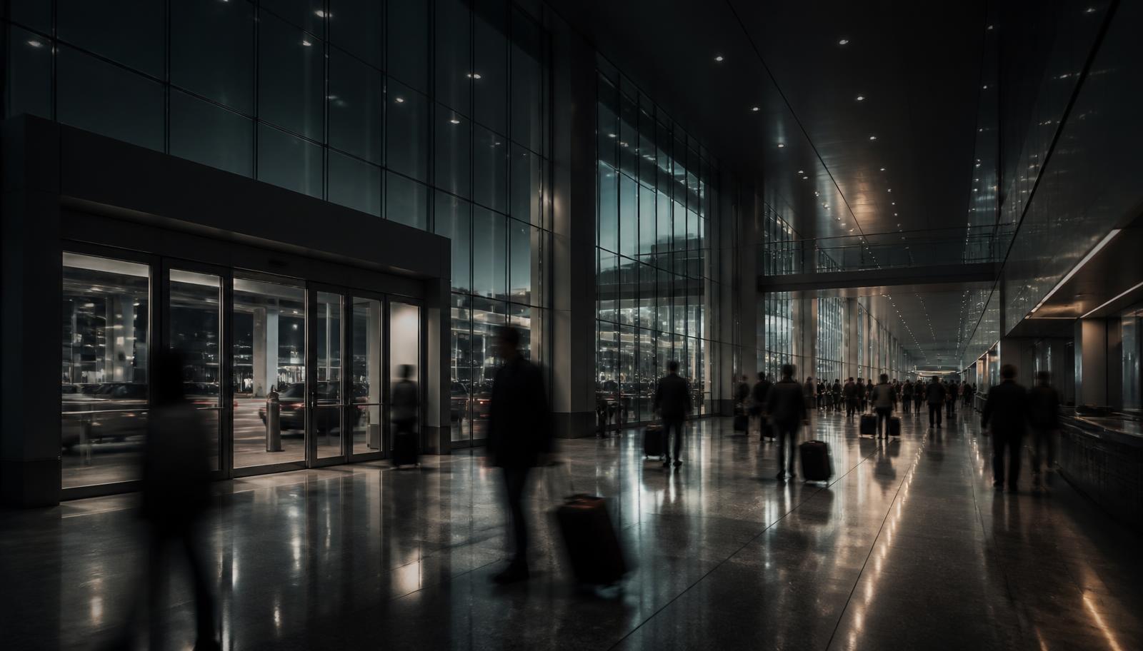 Cinematic night arrivals hall with controlled movement of travellers