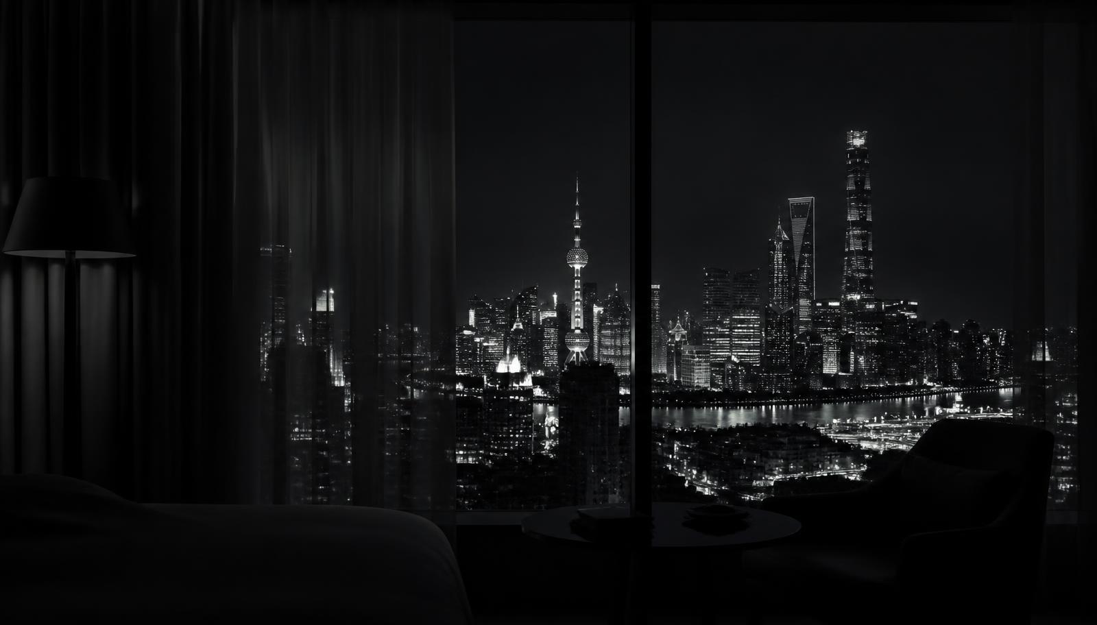 Night view over an unfamiliar foreign city from a dark hotel room