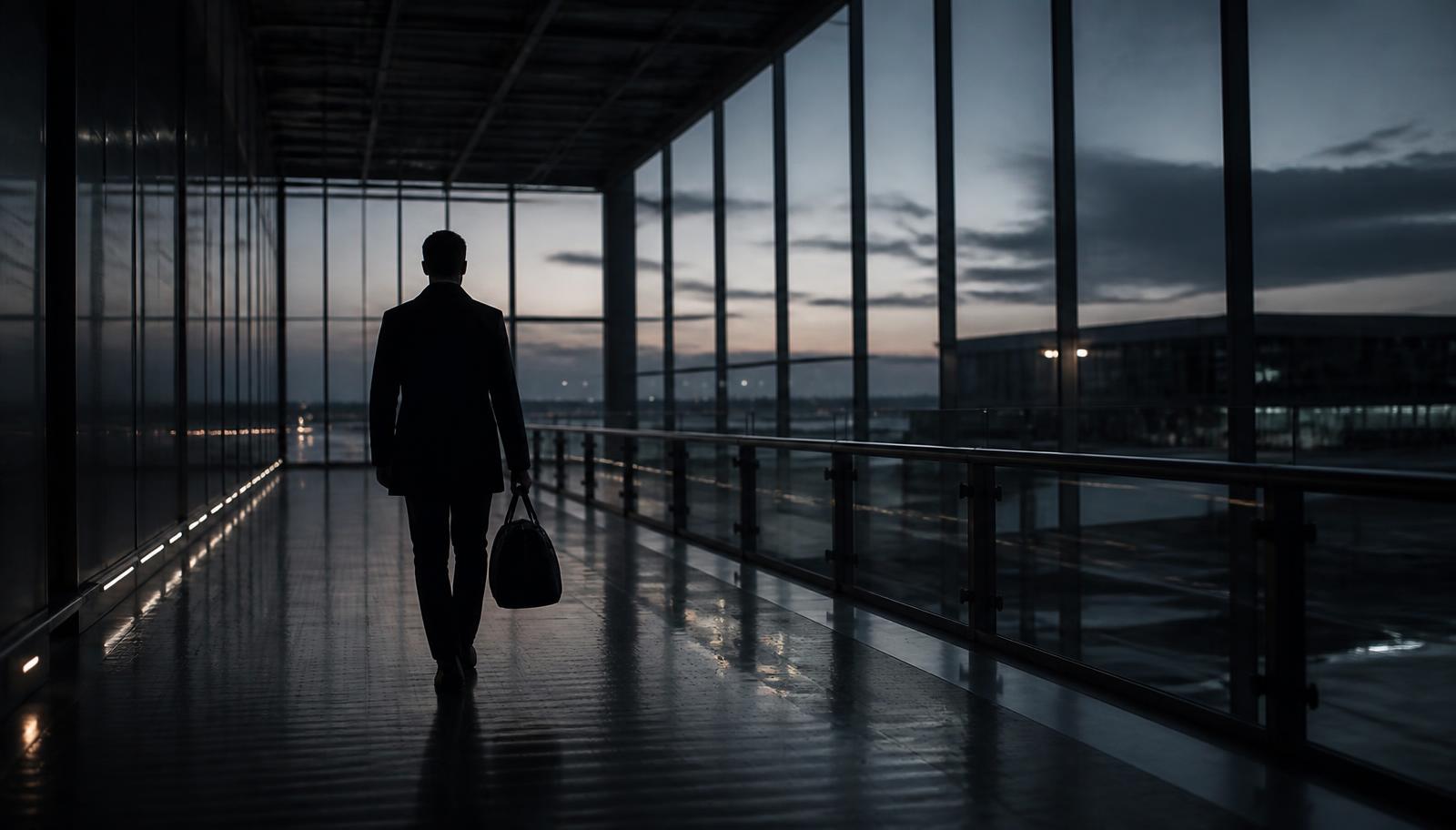 A single traveller crossing an empty terminal bridge at dusk