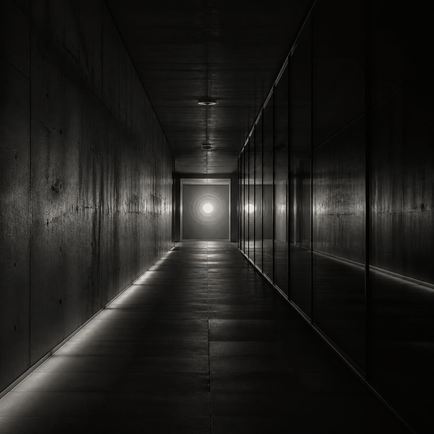 Dark concrete corridor with a single distant radial light